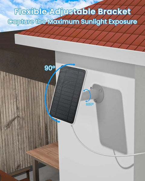 Flexibly mounted 5W Solar Panel Charger for Arlo Essential 2K Outdoor, Essential XL 2nd Gen, and Essential Spotlight Cameras