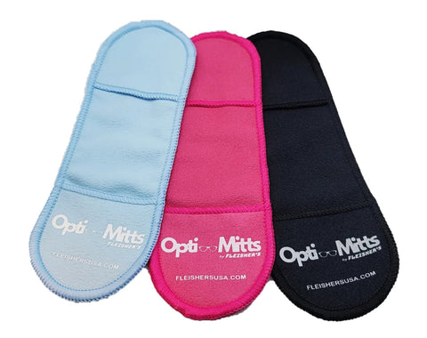 Opti-Mitts eyeglass cleaning mitts, 3-pack microfiber in blue, pink, and navy.