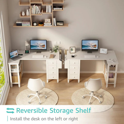 White L Shaped Desk With Drawers And Storage Shelves 47 Inch Corner Reversible Computer Desk With Built In Power Strip And USB Ports