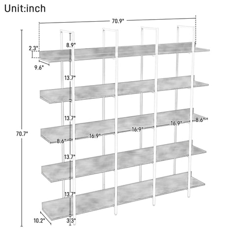 Diagram of Five Shelf Vintage Industrial Bookcase With Black Metal Frame And MDF Shelves Space Saving Storage Organizer dimensions