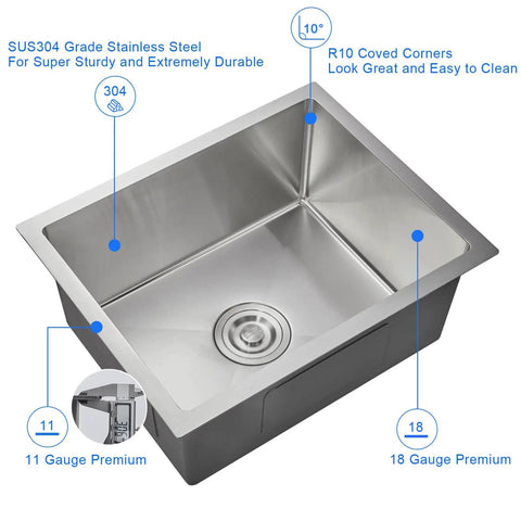 Undermount Kitchen Sink In Brushed Stainless Steel 18 Gauge T304 Handmade Single Bowl With Drain Strainer 20 Inch L By 16 Inch W By 9 Inch D Fits Three And A Half Inch Garbage Disposal Opening Built To Last