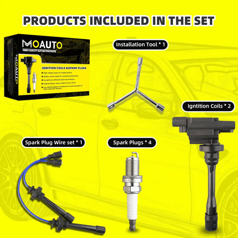 Ignition Coil Kit With Four Iridium Spark Plugs And Wire Set For Chrysler Sebring Dodge Stratus Mitsubishi Eclipse Galant Lancer Mirage Outlander L4 Engines UF295 MD362907 Fits Your Ride Two Coils And Plugs shown with components