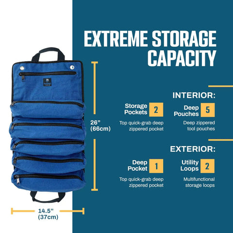 Heavy Duty Tool Roll For Pros With Ultra Durable Water Resistant And Grease Resistant Fabric Reinforced Seams And Massive Interior Storage For Wrenches Pliers And Bits Plus A Quick Grab Pocket For Fast On The Job Access, opened showing blue storage pockets and dimensions.