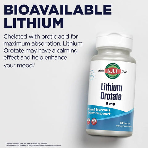 Lithium Orotate 5mg Chelated Supplement For Mood Support And Better Bioavailability In Organic Rice Bran Extract Base, 60 Veg Caps