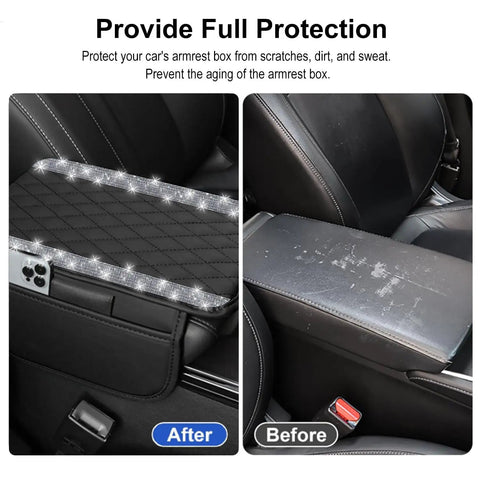 Bling Center Console Cover With Leather Arm Rest Cushion And Dual Storage Pockets Universal Auto Armrest Protector Silver Interior Accessory For Most Vehicles installed, shows before and after protection.