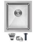 15 Inch Bar Sink Undermount Bar Prep Kitchen Sink With Single Bowl, Heavy Duty 18 Gauge T304 Stainless Steel, Anti Rust, Quiet Sound Dampening, Strainer Included, 15 By 17 Inch Size, top view with included strainer