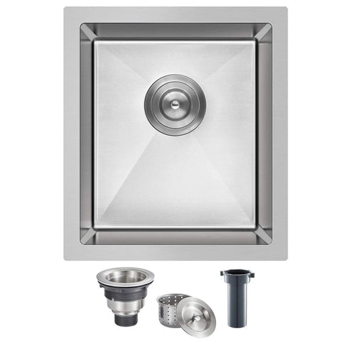 15 Inch Bar Sink Undermount Bar Prep Kitchen Sink With Single Bowl, Heavy Duty 18 Gauge T304 Stainless Steel, Anti Rust, Quiet Sound Dampening, Strainer Included, 15 By 17 Inch Size, top view with included strainer