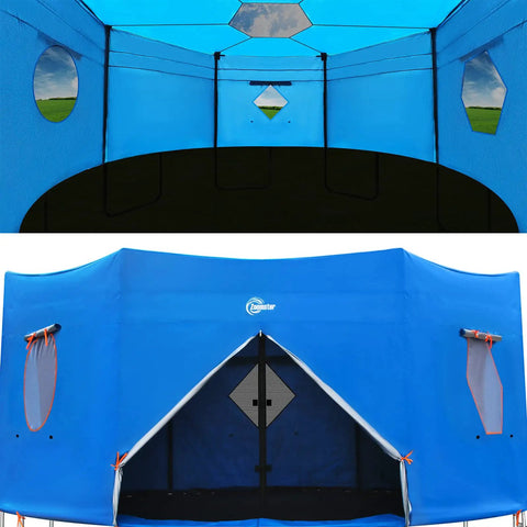 14-Foot Trampoline Tent Cover For Six Straight-Pole Round Trampoline, blue tent with zipped entry and screened windows