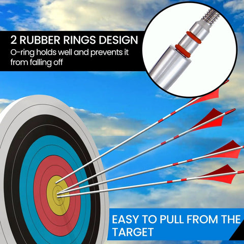 12 Pack Archery Field Points 19 64th Inch, 1.77 Inch Length, 8 32 Screw In, stainless steel tips with rubber rings on target
