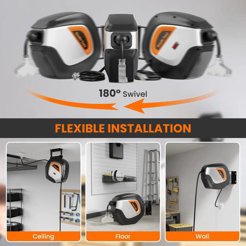Heavy Duty Retractable Extension Cord Reel With Lit Triple Tap, 40 Foot SJT Cable, wall and ceiling mounting options