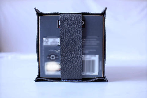 Back view showing Velcro belt on Tissue Box Cover Holder With Bottom Velcro Belt, Square PU Leather Decorative Organizer
