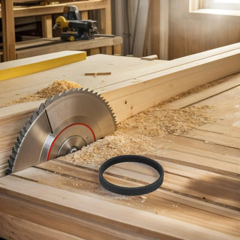 Top Shelf 4Pc Replacement Rubber Drive Belt Kit For Planer Machinery, 218Mm Perimeter, Tight Fit Black Rubber Bands on wood workshop.
