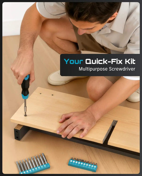 Person using multipurpose screwdriver with bits set for home DIY furniture assembly and repair.
