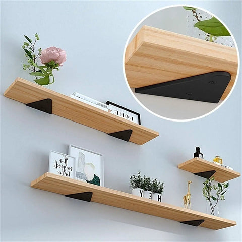 Dang Sturdy Triangle Corner Shelf Brackets With Rust Proof Iron Build And Snazzy Floating Wall Mount Frames Featuring No Nonsense Screw Hardware Kit Sleek White Finish For Home Upgrade Pack Of Four with wood shelves and black brackets.