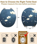 Toilet Seat Replacement Round for Bathroom, decorative floral design, dimensions 14.5" x 16.5", installation instructions.