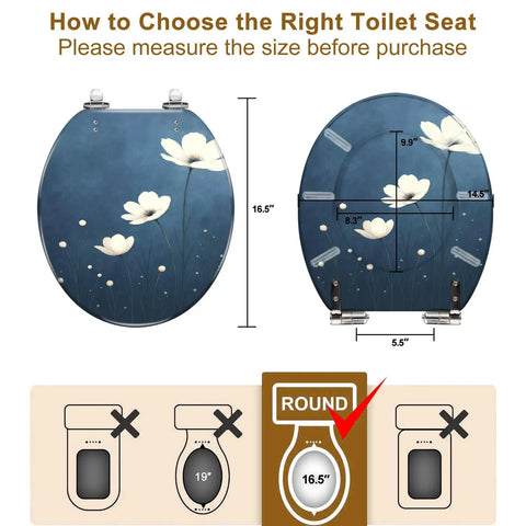 Toilet Seat Replacement Round for Bathroom, decorative floral design, dimensions 14.5" x 16.5", installation instructions.