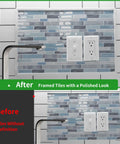 Before and after installing 30 Ft Peel And Stick Trim For Walls And Backsplash Edges, Flexible Self Adhesive Molding Tape, white.
