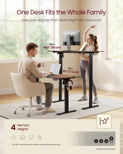 Electric Sit To Stand Desk With Height Adjustability, 55.1 By 27.6 Inches, Four Memory Presets, Sedentary Reminder, Easy Sit To Stand Transitions, Sturdy Construction, Perfect For Home Office Or Study, Rustic Brown Finish with two people using it at different heights