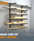 Garage Ready Six Level Wood Organizer And Lumber Storage Metal Rack With Wall Mount displaying lumber against grey wall