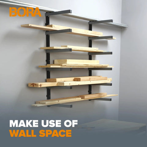 Garage Ready Six Level Wood Organizer And Lumber Storage Metal Rack With Wall Mount displaying lumber against grey wall