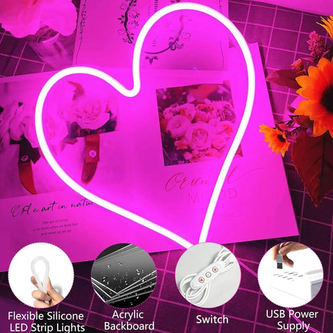 Pink Heart Neon Sign LED Light Up Wall Decor For Bedroom And Valentines Day Romance with acrylic backboard