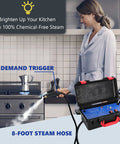 No Sweat High Pressure Steam Cleaner 1700W with 8-foot steam hose, user operating it in a kitchen with on-demand trigger.