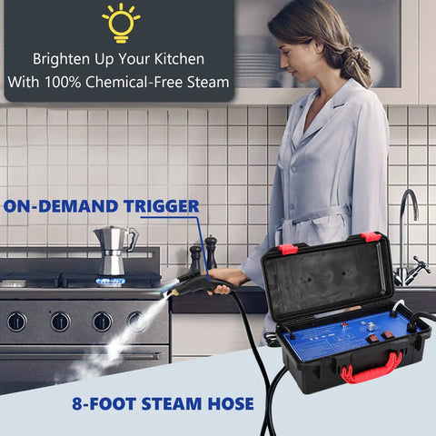 No Sweat High Pressure Steam Cleaner 1700W with 8-foot steam hose, user operating it in a kitchen with on-demand trigger.
