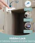 All In One Baby Proofing Kit Easy To Install With Hidden Cabinet And Drawer Locks shown on wooden cabinet interior.