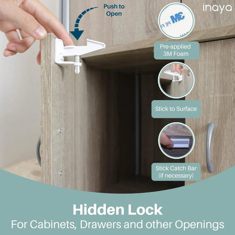 All In One Baby Proofing Kit Easy To Install With Hidden Cabinet And Drawer Locks shown on wooden cabinet interior.