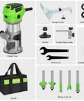 Slick Quick Release 6.5 Amp Compact Wood Router With Fixed Base Offering Dead Accurate Variable Speed Settings 12000 To 30000 Rpm And Hassle Free Bit Changes Flawless Performance For Weekend Diy Warriors with tool kit and accessories.