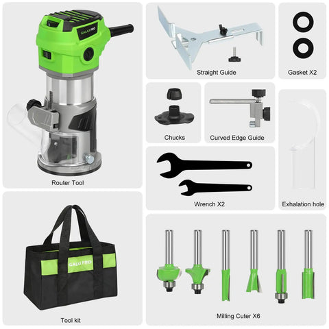 Slick Quick Release 6.5 Amp Compact Wood Router With Fixed Base Offering Dead Accurate Variable Speed Settings 12000 To 30000 Rpm And Hassle Free Bit Changes Flawless Performance For Weekend Diy Warriors with tool kit and accessories.