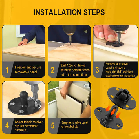 Installation steps for 25 Pack Dang Tough Panel Fasteners for Boat and RV Wall Trim Clip Sets, showing hole drilling and panel securing.