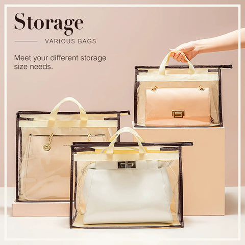 10 Pack Handbag Dust Bags Set With Clear PVC Front And Beige Nonwoven Back displayed in three sizes with handbags visible