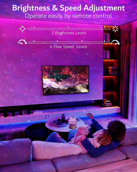 Room with Dinosaur Eggs Galaxy Star Projector creating nebula effect, showing brightness and speed adjustments on remote control.