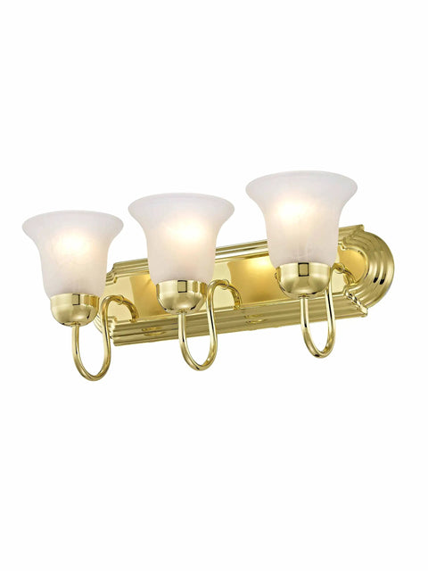 Riviera Three Light Bath Light In Polished Brass with white alabaster glass shades, steel construction, 18x8x8 inches, classic aesthetic
