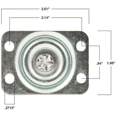 Top view of rugged heavy duty rubber caster wheel with swiveling top plate for desks carts TVs beds dressers and tables.