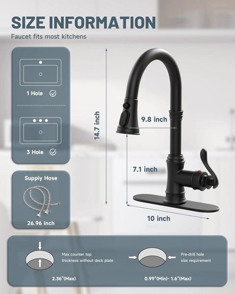 Matte Black Kitchen Sink Faucet With Pull Down Sprayer Three Outlet Modes Farmhouse Style with measurements and features