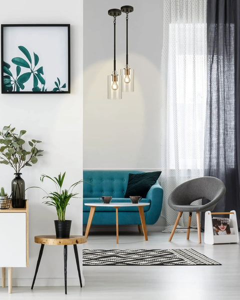 Modern living room with UL Listed Glass Pendant Light With E26 LED Bulb Adjustable Height Antique Brass Hanging Light over table