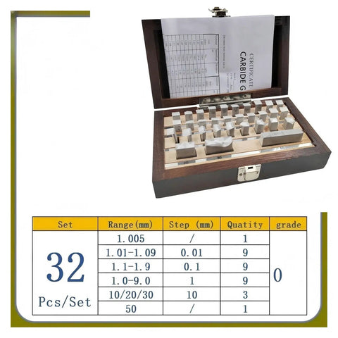 Top Shelf 32 Piece High Speed Steel Gage Block Set Engineered For Micrometers And Table Saw Checks Featuring Dead On Grade 0 Metric Precision in wooden case.