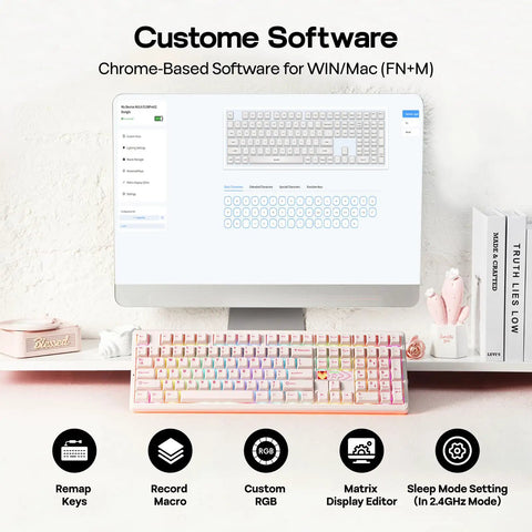 Premium Full Size Mechanical Gaming Keyboard Goes Hard With A Dot Matrix Display And Dynamic Rgb Backlighting For Seamless Mac Pc Or Android Gameplay Fueled By A Massive Ten Thousand Mah Battery In Sleek Pink Reaper Edition with custom software interface on screen.