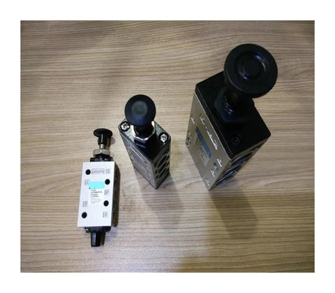Manually Operated Two Five Solenoid Pneumatic Valve Push Pull Control S25 Series Industrial Grade Hydraulic Switch Kit on wooden surface.