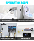 Four device types: sensing faucet, inductive toilet fixtures, smart shower head, and water heater application scope.