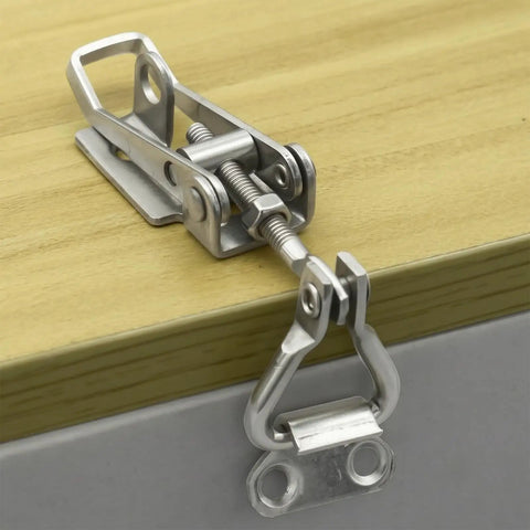 Dope Adjustable Toggle Corner Closure Latch With Keyhole For Tight Fits On Cabinet Doors Boxes And Window Covers Keeps Everything Locked Down Secure, stainless steel on wood