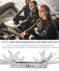 Stainless steel 8 In 1 Scuba Diver Tool Kit for Regulators and Valve Repairs shown on boat with divers preparing gear.