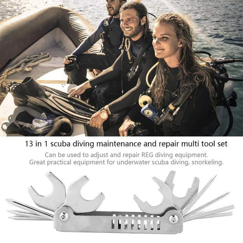 Stainless steel 8 In 1 Scuba Diver Tool Kit for Regulators and Valve Repairs shown on boat with divers preparing gear.