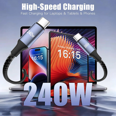 240W USB C To USB C Coiled Braided Car Charger Cable, Tangle-Free Quick Charge, adjustable length for laptops and phones