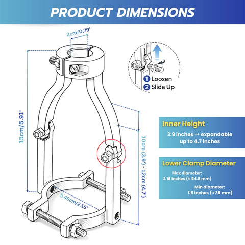 Diagram showing dimensions of Square Hole Drill Bit Adapter For Drill Press Or Hand Drill, includes height and clamp size.