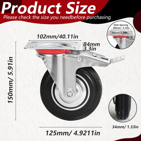 5 Inch Heavy Duty Caster Wheels Set Of 4 With Brakes 360 Degree Swivel Non Marking Polyurethane Rubber Casters size details