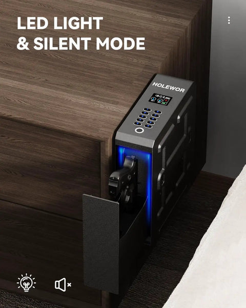 Biometric Gun Safe With Slider Access, Heavy Steel Pistol Lock Box mounted on nightstand, LED light feature visible