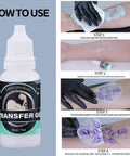Transfer gel bottle 15ml for tattoo stencil application, shown with step-by-step skin transfer use